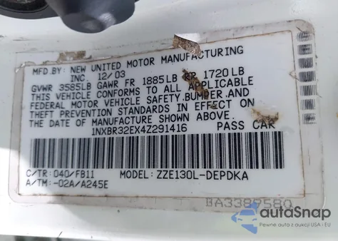 2004 Toyota Corolla Ce из США, поврежденный, VIN 1NXBR32EX4Z291416